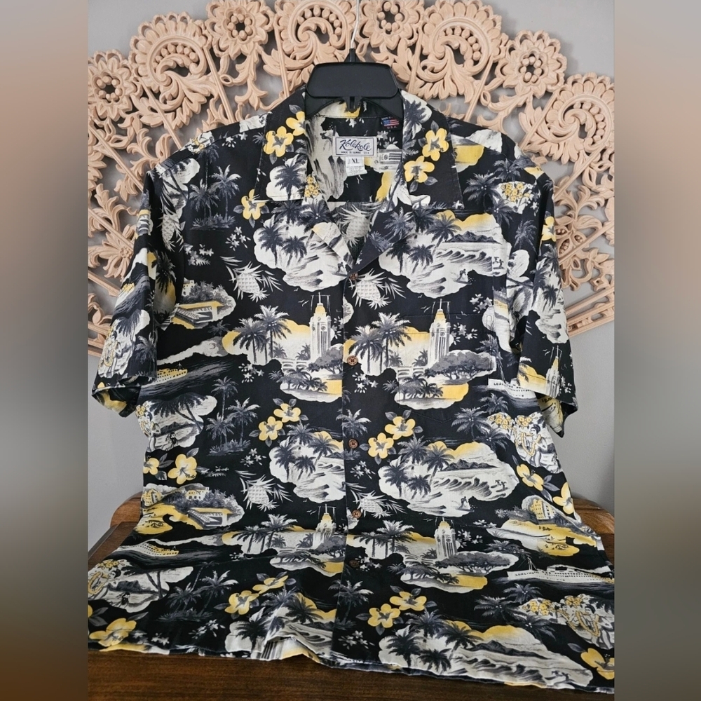 Vtg Kolekole Black Yellow Hawaiian Shirt XL Cruise Vacation